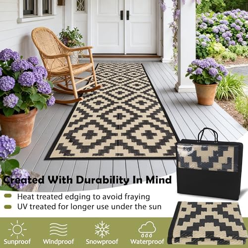SAND MINE Reversible Mats, Plastic Straw Rug, Modern Area Rug, Large Floor Mat and Rug for Outdoors, RV, Patio, Backyard, Deck, Picnic, Beach, Trailer, Camping (2.5' x 8', Black & Beige Lattice) - Image 4