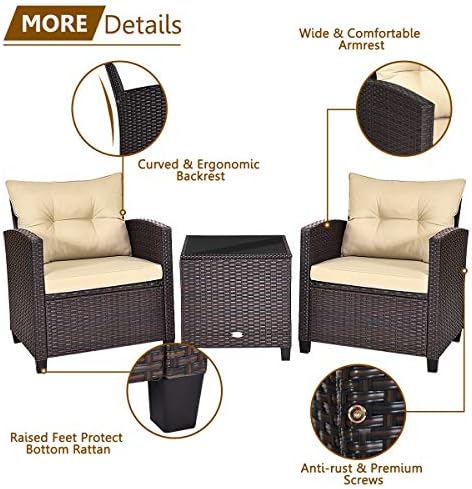 RELAX4LIFE 3 Piece Patio Furniture Set, Wicker Bistro Conversation Set w/ 2 Cushioned Armchairs & Glass Topped Table, Outdoor Rattan Sofa Set Patio Furniture for Porch Balcony Poolside (Beige) - Image 5