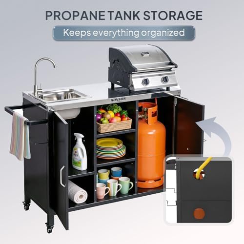 ROVSUN Outdoor Grill Cart with Sink, 304 Stainless Steel Sink, Propane Tank Storage, Rolling Kitchen Prep Table with Cabinet, Paper Rack & Rubbish Rack - Image 5