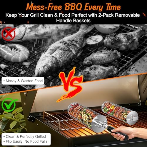 Rolling Grill Baskets for Outdoor Grill, Removable Wooden Handle, 2PCS - Image 3