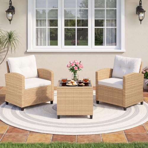 Tangkula 3 Pieces Patio Furniture Set, PE Rattan Wicker 3 Pcs Outdoor Sofa Set w/Washable Cushion and Tempered Glass Tabletop, Conversation Furniture for Garden Poolside Balcony (Light Brown -White) - Image 2
