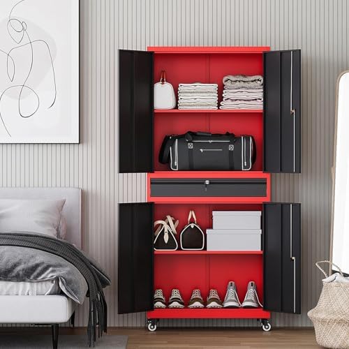 Letaya Metal Garage Storage Cabinet with Wheels,Rolling Tool Cabinet with Adjustable Shelves and Drawer for Garage Home Utility Room (Red) - Image 7