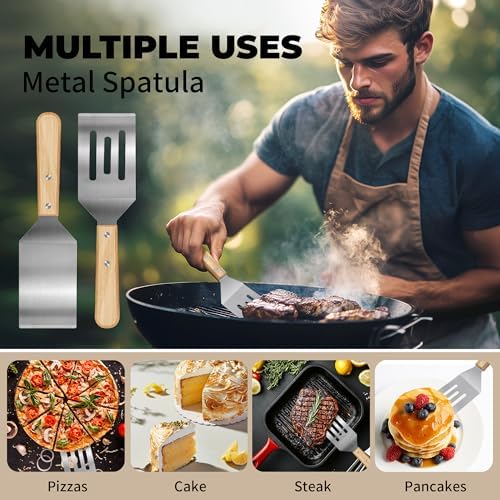 2PCS Stainless Steel Spatula,Wooden Handle Metal Spatula for Steak,Burgers - Image 4