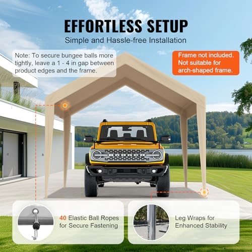 VEVOR Carport Replacement Canopy Cover 10 x 20 ft, Garage Top Tent Shelter Tarp Heavy-Duty Waterproof & UV Protected, Easy Installation with Ball Bungees,Beige (Only Top Cover, Frame Not Include) - Image 5