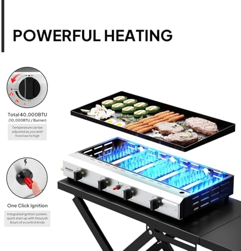 ROVSUN 4 Burner Foldable Propane Griddle with Wheels & Enameled Tray, 40000 BTU Portable Flat Top Gas Grill with Electronic Ignition & Regulator for Outdoor Cooking Camping BBQ Tailgating Picnicking - Image 2