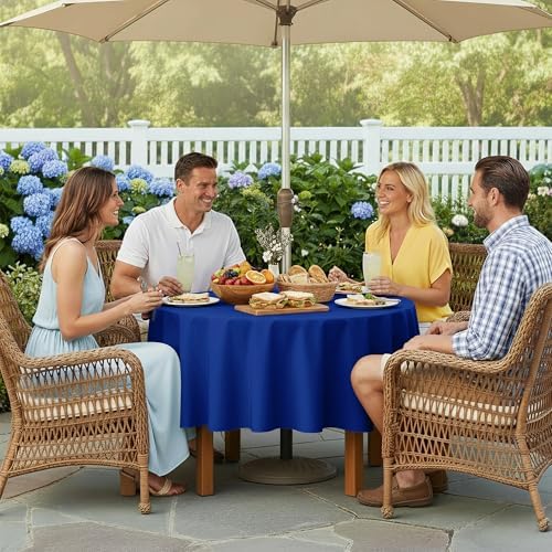 LUSHVIDA Round Outdoor Tablecloth with Umbrella Hole 60 Inch Blue - Image 3