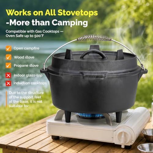 ROVSUN 7.9 QT Cast Iron Dutch Oven with Lid, Pre-Seasoned Camping Pot for Campfire Grill & Oven, 2-in-1 Skillet Lid + Lid Lifter Hook, Outdoor Cast Iron Camping Cookware for 6-8 People - Image 5