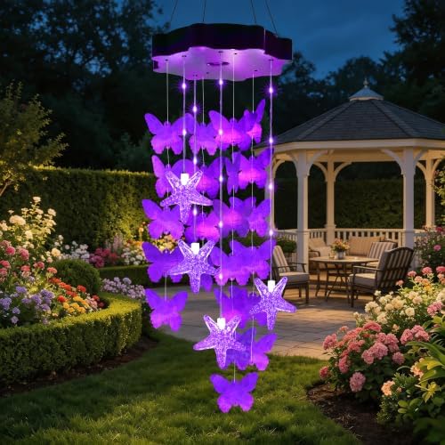 Toodour Solar Wind Chimes for Outside, Hanging Butterfly Shell Wind Chime by Toodour