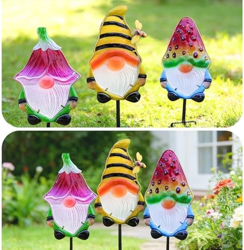 Gnome Garden Stake Set of 3 Metal Glass 18.3" Funny Outdoor Yard Lawn Decor - Image 7