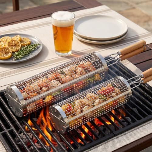Rolling Grill Basket Set of 2, 304 Stainless Steel BBQ Grilling Baskets - Image 4