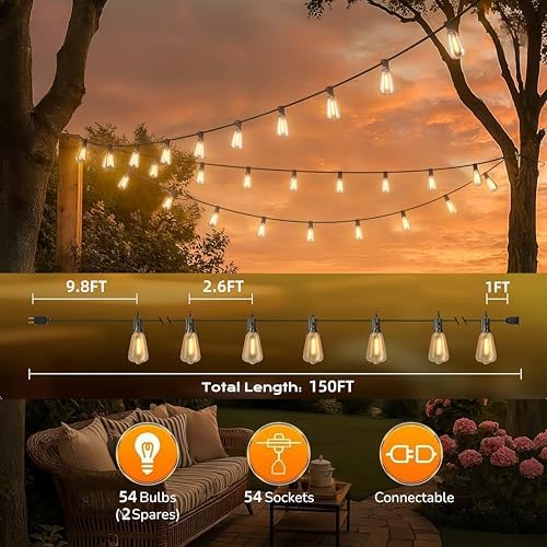 GPATIO Outdoor String Lights, 150FT ST38 Bulbs Shatterproof Patio Lights, Waterproof Dimmable Outside Hanging Light, Connectable LED Outdoor Lights for Backyard, Porch, Party, Garden, Home Decor - Image 6