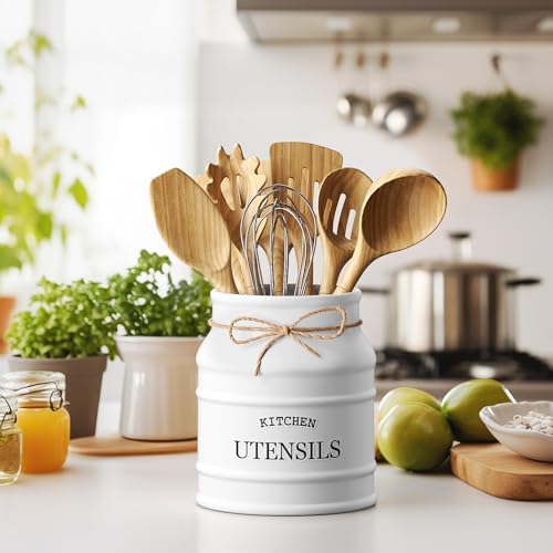 Barnyard Designs Ceramic Kitchen Utensil Holder Countertop 6.75″ (White) - Image 2