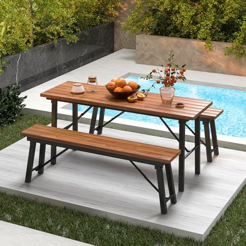 HAPPYGRILL Folding Picnic Table Bench Set, Acacia Wood Dining Table Bench w/Metal Frame, Portable Camping BBQ Table Bench, Rectangular Dining Table for Indoor Outdoor Activities Garden Yard Patio - Image 2