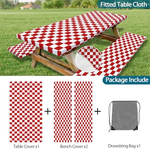 Picnic Table Cover with Bench Covers and Bag, Red and White Checkered Gingham Buffalo Plaid Camping Tablecloth Waterproof Windproof Elastic Edges Fitted Tablecloths for Outdoor Garden 3PCS 30x60 Inch - Image 7