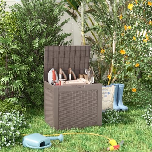 PatioZen 31 Gallon Wicker Pattern Resin Deck Box, Lockable Patio Outdoor Storage Box for Furniture, Garden Tools and Tools Storage, Waterproof Outside Storage Box (Grey) - Image 7