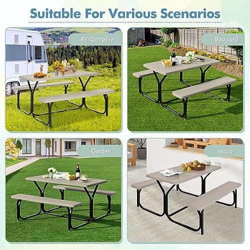 ORALNER Picnic Table, Plastic Dining Table & 2 Benches Set, Weather Resistant Wood Grain Resin Tabletop & Steel Frame, Picnic Tables for Outdoors, Porch Yard Patio Lawn Party Camping (Light Brown) - Image 5