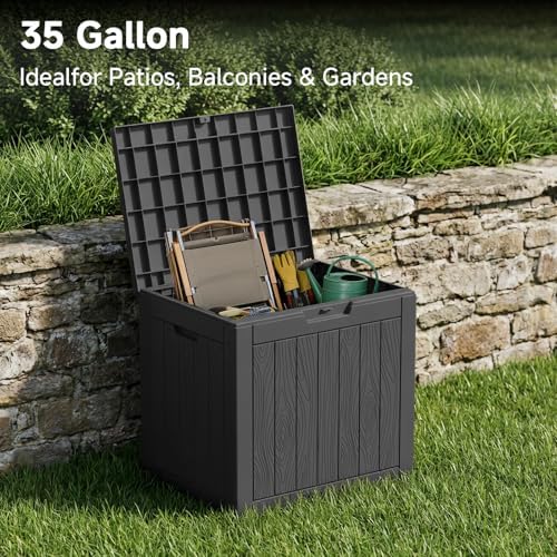 PatioZen 35 Gallon Outdoor Deck Box,Waterproof Resin Outdoor Storage Boxes, Outside Storage Lockable Container for Garden Tools,Indooor Cushions,Accessories (Black) - Image 3
