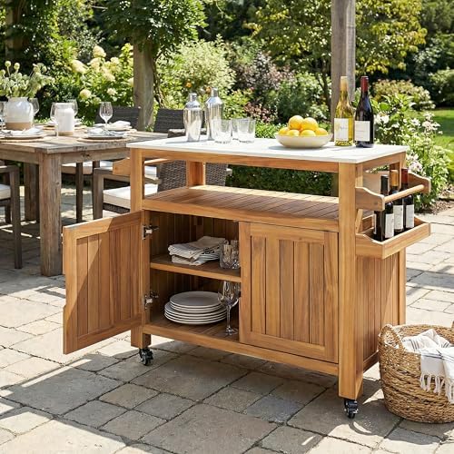 Christopher Knight Home Shina Outdoor Bar Cart with Marble-Effect Top and Lockable Wheels, Acacia Wood Outdoor Storage Cabinet with Three-Tier Slatted Shelves, Kitchen Island Serving Cart, Natural - Image 5