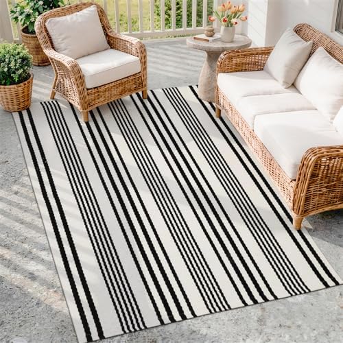 OJIA Outdoor Area Rug 4'x6' Black and White Outdoor Rugs Porch Patio Rug by OJIA