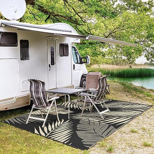 GENIMO Outdoor Rug, Waterproof Plastic Rugs for Patio, 9'x12' Black Beige - Image 5