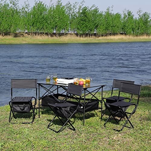 5-Piece Folding Outdoor Table and Chair Set, 46.46" Portable Camping Table with 4 Chairs, Black by Unknown