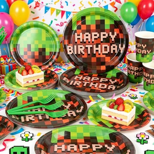 120Pcs Pixel Birthday Plates and Napkins,Pixel Theme Party Decorations,Includes 9&7inch Paper Plates Cups Napkins Forks Party Supplies for Video Game Pixel Party Decorations, Serve 24 - Image 2