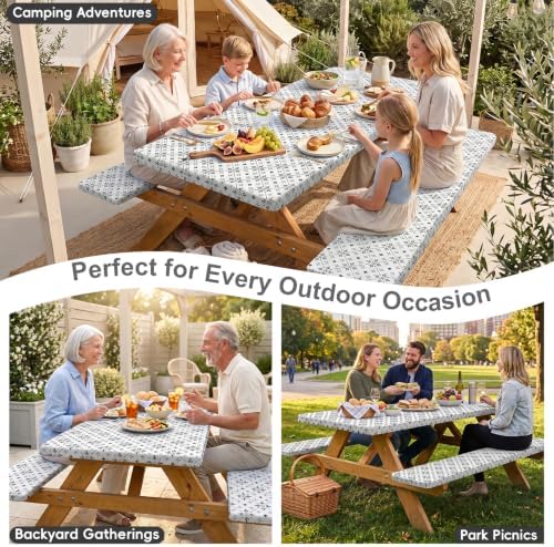Picnic Table Cover with Bench Covers Portable Table Cloth Built-in Storage Pocket Picnic Table Covers With Elastic Waterproof Camping Essentials for RV Camping - Image 6