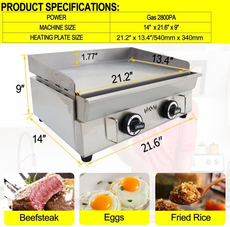 TECHTONGDA LPG Gas Grill Griddle, Stainless Steel Commercial Countertop Griddle Flat Top Grill, Restaurant Teppanyaki, BBQ Plate Grill with Adjustable Temperature Control, 21.26"x13.39", 2800Pa - Image 3