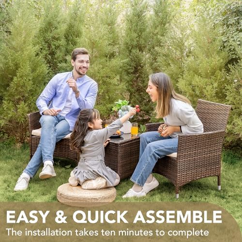 Devoko 3 Piece Patio Furniture Set Outdoor Wicker Conversation (Brown) - Image 6