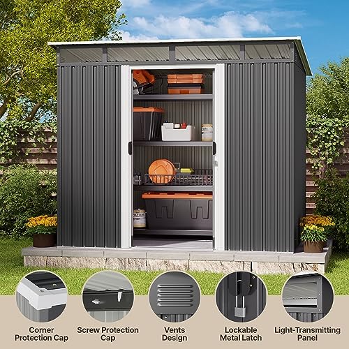 Gizoon 7.4'x5.3' Outdoor Storage Shed Metal Garden Shed with Sliding Lockable Doors, Versatile Tool Bike Shed with Transparent Panel Windows, Outdoor Storage Clearance for Backyard, Patio, Dark Gray - Image 4