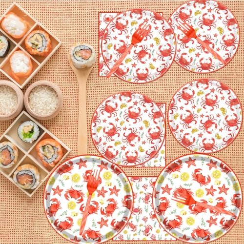 Gameza Crab Boil Party Tableware Supplies, 96PCS Seafood Crab Paper Plate Napkin Fork Party Decorations, Summer Disposable Dinnerware Set Serves 24 - Image 5