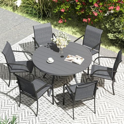 VICLLAX Patio Dining Set for 6, Outdoor Furniture Set Includes 47.2" Round Patio Table and 6 Patio Sling Chairs, Grey Tabletop and Grey Fabric by HOME