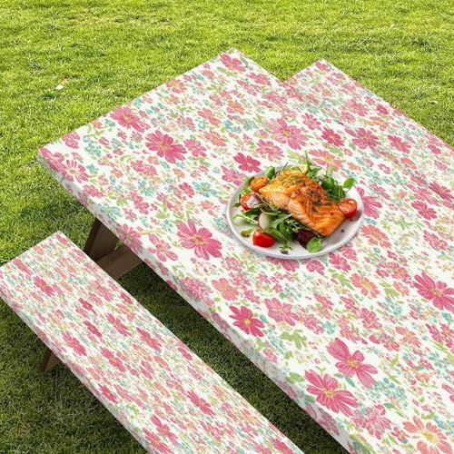 CAPSCEOLL Fitted Picnic Table Cover with Bench Covers 6ft - Pink Flowers - Image 5