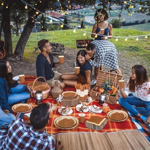 200 Pieces Camping Wood Grain Slice Party Supplies Set Paper Plate Cup Napkin for Camping Woodland Baby Shower Lumberjack Birthday Featuring a Round Wooden Slice Die Cut Edge Design Serve 25 - Image 4