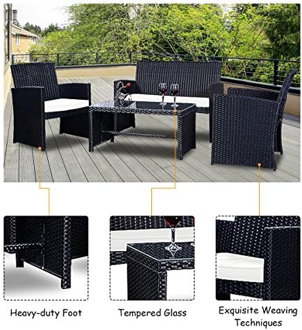 Goplus 4-Piece Rattan Patio Furniture Set, Outdoor Wicker Conversation Sofa with Weather Resistant Cushions and Tempered Glass Tabletop for Lawn Backyard Pool Garden (White(Black Wicker)) - Image 3