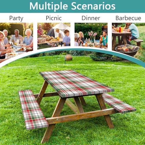 Red Green White Plaid Picnic Table Cover with Bench Covers and Bag, Camping Essentials, Water Resistant Windproof, Fitted Tablecloth Cover with Elastic Edge, for Indoor & Outdoor 3 PCS, 30x60 Inch - Image 3