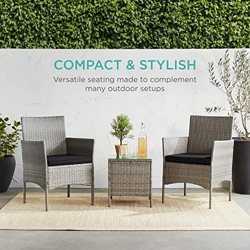 Best Choice Products 3-Piece Outdoor Wicker Conversation Bistro Set, Space Saving Patio Furniture for Garden w/Side Table - Gray/Black - Image 6
