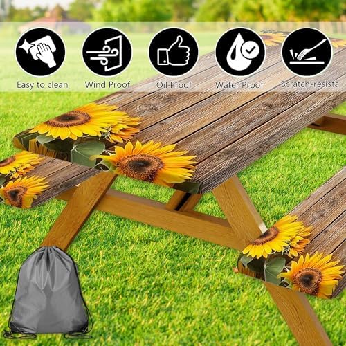 Sunflower Picnic Table Cover with Bench Covers, Waterproof Windproof, Camping Essentials, Fitted Tablecloth Cover with Elastic Edge, for Indoor & Outdoor, Garden, Camping, 3 Pieces Set, 30x60 Inch - Image 7