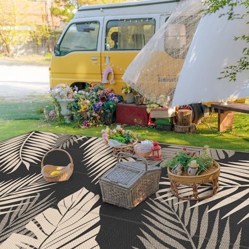 GENIMO Outdoor Rug, Waterproof Plastic Rugs 9'x18' for Camping Black Beige - Image 3