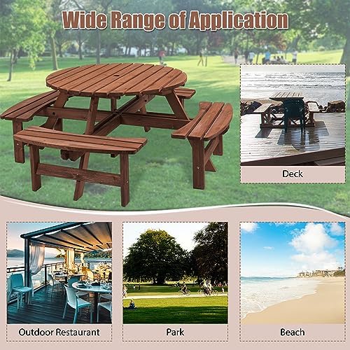 8 Person Wooden Picnic Table, Outdoor Camping Dining Table with Seat, Garden, DIY w/ 4 Built-in Benches, 2220lb Capacity Brown - Image 4