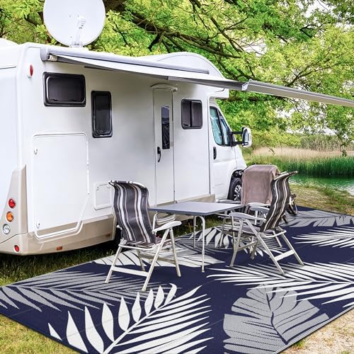 GENIMO Outdoor Rug, Waterproof Plastic Rugs 10'x14' for Camping Blue White - Image 5