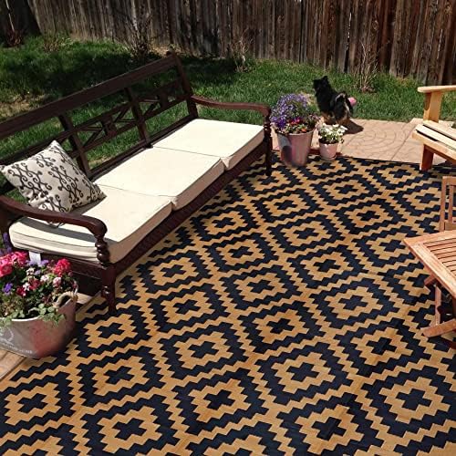 SAND MINE Reversible Mats, Plastic Straw Rug, Modern Area Rug, Large Floor Mat and Rug for Outdoors, RV, Patio, Backyard, Deck, Picnic, Beach, Trailer, Camping, Black & Brown, 9' x 18' by SANDMIND