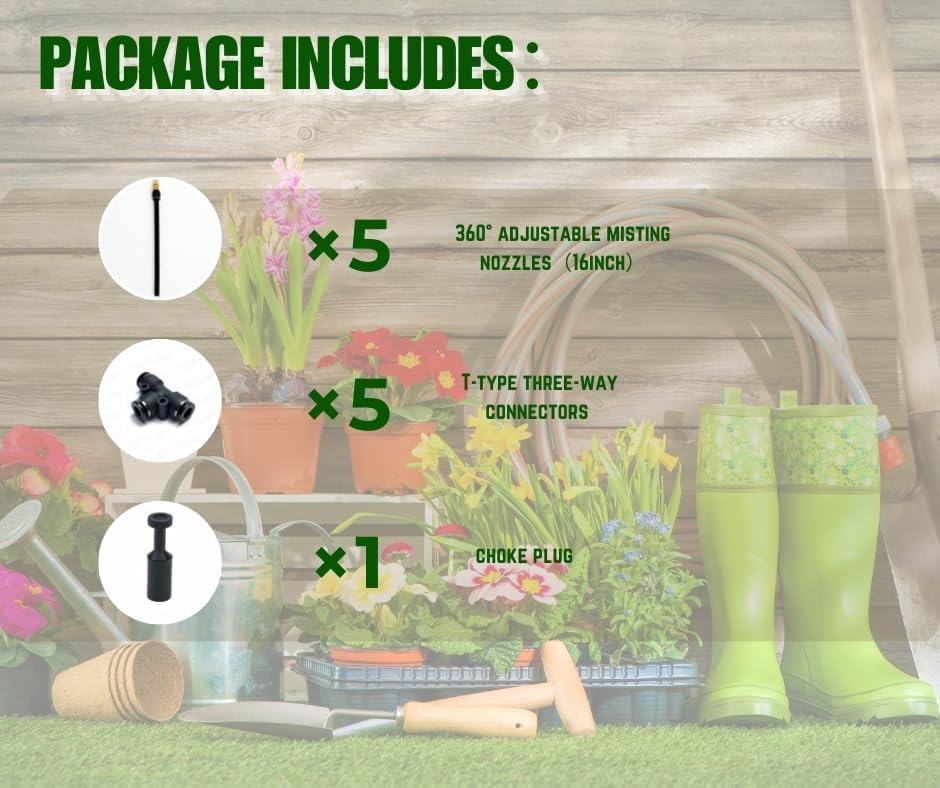 5pk Brass Misting Nozzles Tee 16 inch 360 Degree Adjustable Copper Sprayer, Compatible with1/4 trubing Hose Watering Plant Drip Irrigation Pneumatic Fittings Connection for Watering Garden（16inch） - Image 2