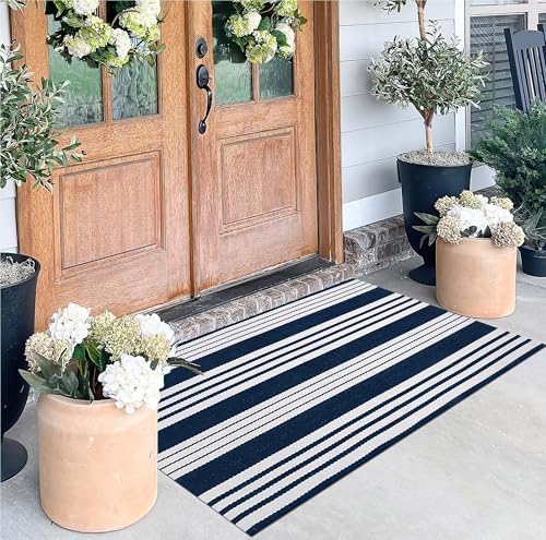 Blue and White Layered Doormat 27.5"x43.3"Cotton Door Mat Outdoor Porch Rug by BUAGETUP