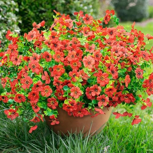 Daisy Artificial Flowers for Outdoors Decor, 12 Bundles Faux Daisy with Eucalyptus Fake Plants Greenery UV Resistant Look Real Colorful Faux Flowers for Outside Planter Porch Patio Yard Gardens, Red by florisso