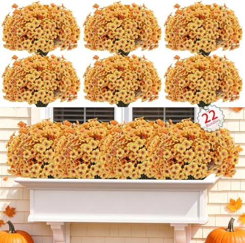 22 Pack Artificial Fall Flowers Mums for Outdoor Indoor(Fall Yellow) by PowbraceArtificialFlowers