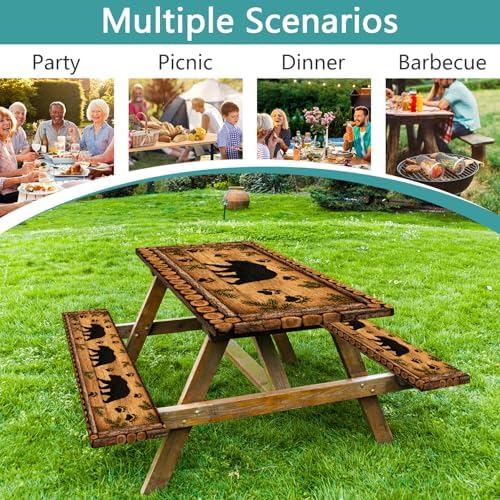 Forest Theme Picnic Table Cover with Bench Covers 6FT, Camping Essentials, Wood Grain Bear Waterproof Windproof Oilproof, Fitted Tablecloth Cover with Elastic Edge for Outdoor Garden 3 PCS 30x60 Inch - Image 2