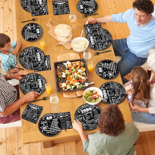 96PCS 40th Birthday Party Paper Plates and Napkins Retro 40th Supplies Men and Women Back in 1986 Black Tableware Set for 40 Years Old Themed Birthday Gatherings Decorations - Image 7