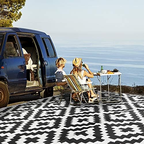 SAND MINE Waterproof Outdoor Rug 9x18 ft, Plastic Straw Rug, Modern Area Rug, Large Floor Mat, RV, Patio, Backyard, Deck, Picnic, Beach, Trailer, Camping (9' x 18', Black & White Lattice) - Image 5