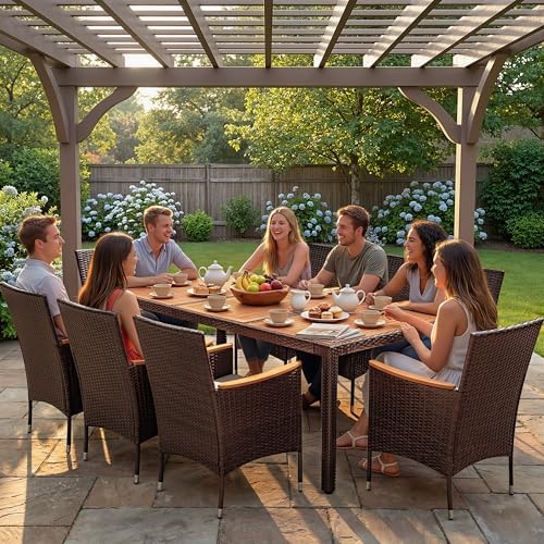 Devoko 9 PCS Acacia Wood Patio Dining Set, Brown Rattan - Image 2